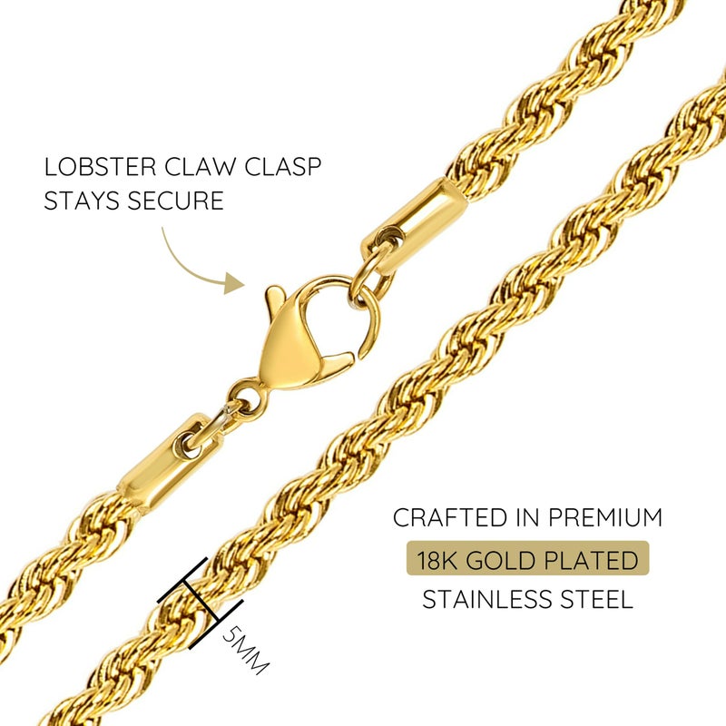 KISPER 18k Gold Hip Hop Rope Chain Necklace â€“ 5mm Thick Gold Plated Stainless Steel Jewelry for Women & Men with Lobster Clasp, 22" - Image 3